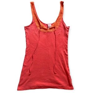Free People Women’s Lace Trim Tie Neck Ribbed Cotton Tank Top, Orange Size Small